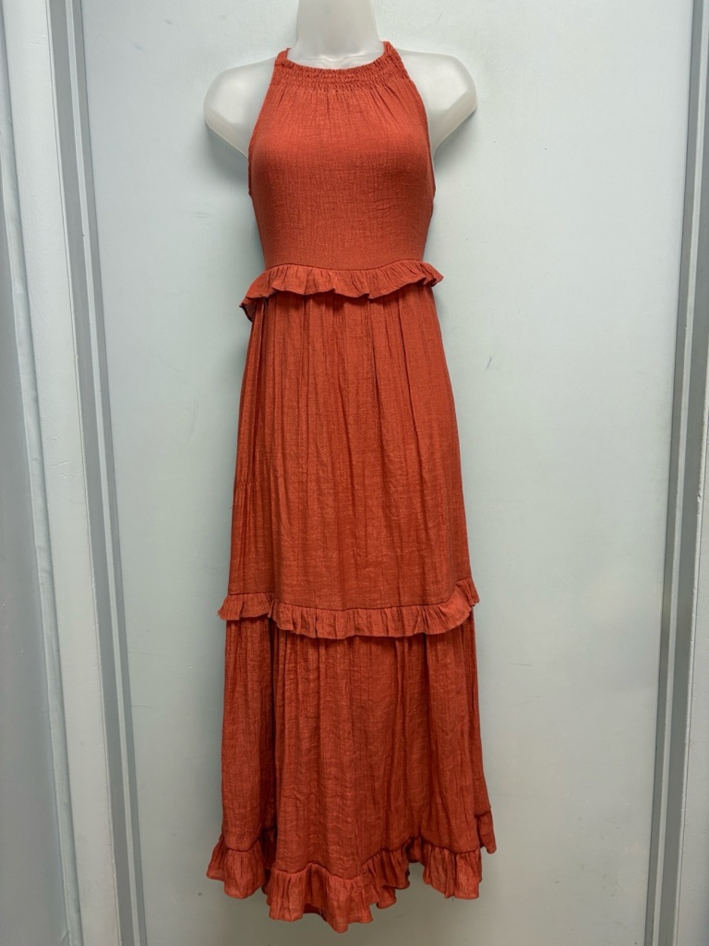 Listicle Rust Orange Tiered Ruffle Halter Maxi Dress Size Small